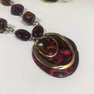 Burgundy Gold Tone Pendant Necklace Purple Glass Beads Boho Statement 22 inch